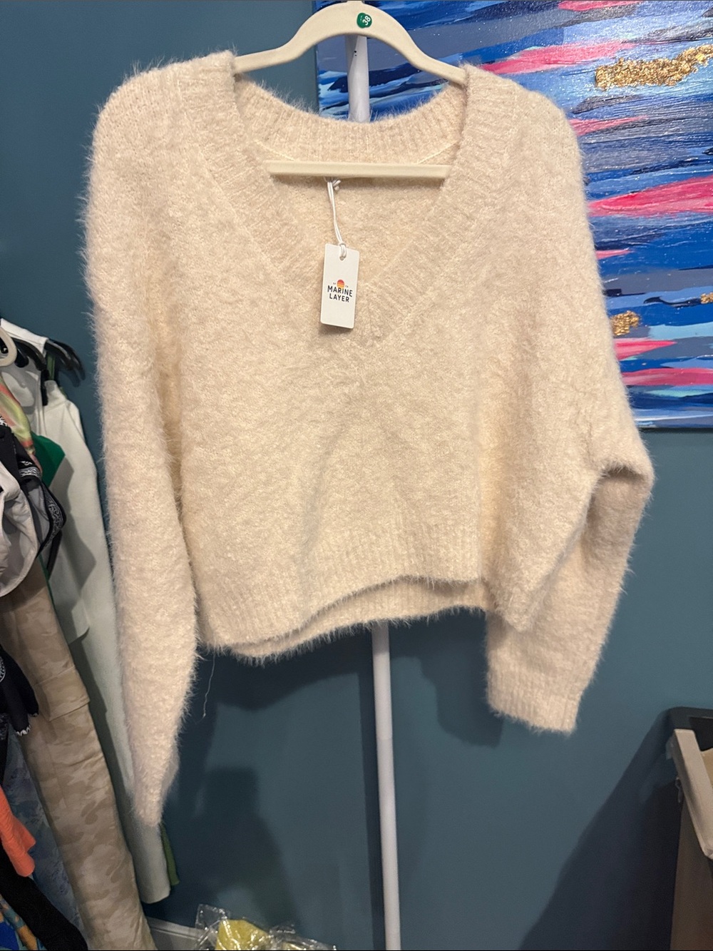 Marine Layer NWT $148 MSRP Teddy Eyelash V-Neck Sweater / Medium / Champagne